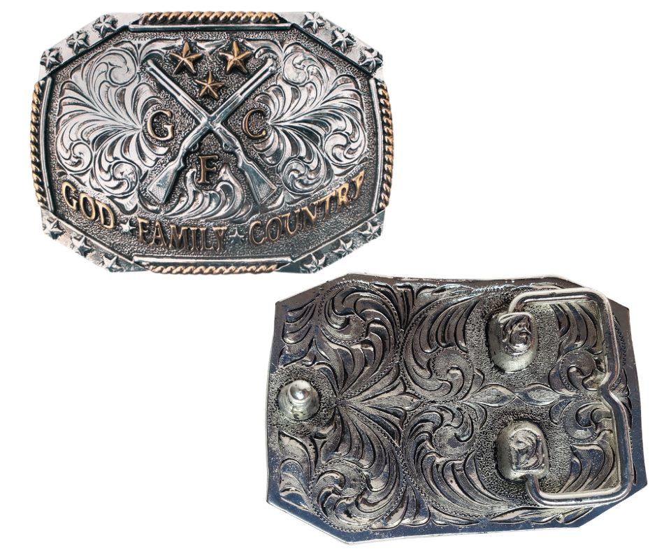 Discover the traditional Western engraving, stars, and vines design on the Crossed Rifles belt buckle, featuring the powerful message of God, family, and country. This antique gold and silver buckle is highlighted with a partial rope edge border. Fit's up 1 3/4" belts and is approx. 2 1/2" x 3 1/2". Available at our Smyrna, TN shop, just a quick drive away from Nashville.