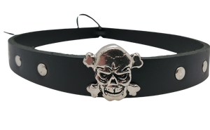 Want your to be a little edgy? Our <em><strong>Skull and Cross bone framed with 3 rivets</strong></em> on each side will take care of that. The hatband is 3/4" wide by 23" (without tie string). Available in black or Distressed brown, pick one or a few. Fit's most any hat with adjustable bead and leather 1/8" string. Will fit most TOP HAT style and WESTERN crowned hats. Made in our Smyrna Tn. shop. <p>&nbsp;</p>