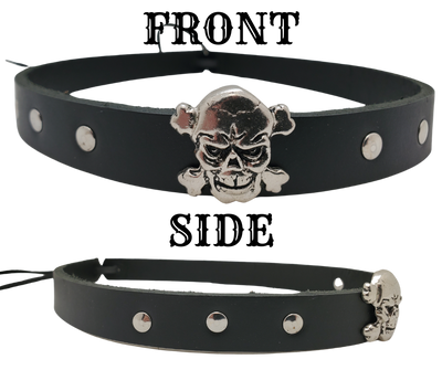 Want your to be a little edgy? Our <em><strong>Skull and Cross bone framed with 3 rivets</strong></em> on each side will take care of that. The hatband is 3/4" wide by 23" (without tie string). Available in black or Distressed brown, pick one or a few. Fit's most any hat with adjustable bead and leather 1/8" string. Will fit most TOP HAT style and WESTERN crowned hats. Made in our Smyrna Tn. shop. <p>&nbsp;</p>