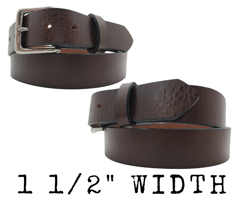 If you prefer a soft already broken in feel this is the perfect belt. Lightly Pebbled top grain cowhide leather will not tear nor peel apart. Available in BLACK or CHOCOLATE Brown , pick one or the COMBO. It has a classic satin finish, smooth pebble texture, with beveled painted edges. The strap is 1 1/2" wide and has a antique silver colored buckle held by 2 snaps for easy buckle change. Comfortable from the start, belt is handmade in our Smyrna, TN shop, just outside Nashville.