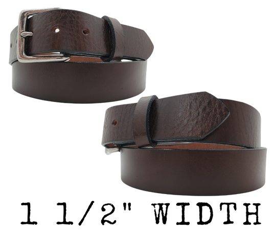 If you prefer a soft already broken in feel this is the perfect belt. Lightly Pebbled top grain cowhide leather will not tear nor peel apart. Available in BLACK or CHOCOLATE Brown , pick one or the COMBO. It has a classic satin finish, smooth pebble texture, with beveled painted edges. The strap is 1 1/2" wide and has a antique silver colored buckle held by 2 snaps for easy buckle change. Comfortable from the start, belt is handmade in our Smyrna, TN shop, just outside Nashville.