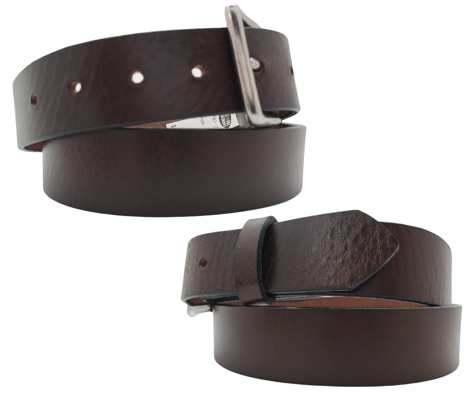 If you prefer a soft already broken in feel this is the perfect belt. Lightly Pebbled top grain cowhide leather will not tear nor peel apart. Available in BLACK or CHOCOLATE Brown , pick one or the COMBO. It has a classic satin finish, smooth pebble texture, with beveled painted edges. The strap is 1 1/2" wide and has a antique silver colored buckle held by 2 snaps for easy buckle change. Comfortable from the start, belt is handmade in our Smyrna, TN shop, just outside Nashville.