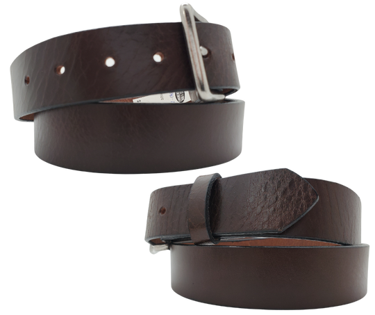 If you prefer a soft already broken in feel this is the perfect belt. Lightly Pebbled top grain cowhide leather will not tear nor peel apart. Available in BLACK or CHOCOLATE Brown , pick one or the COMBO. It has a classic satin finish, smooth pebble texture, with beveled painted edges. The strap is 1 1/2" wide and has a antique silver colored buckle held by 2 snaps for easy buckle change. Comfortable from the start, belt is handmade in our Smyrna, TN shop, just outside Nashville.