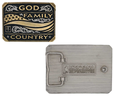 Everything within our Warrior Collection is inspired by our Faith in God himself. He is the Alpha and the Omega. He is the beginning and the end. The Warrior Collections logo represents God, the beginning (backward B), and end (forward-facing against the B). This buckle holds the Warrior Collections logo in the center with the words "Family" above, "God" at the top, and "Country" at the bottom.  Available in our Smyrna shop or a short drive from Nashville TN. 