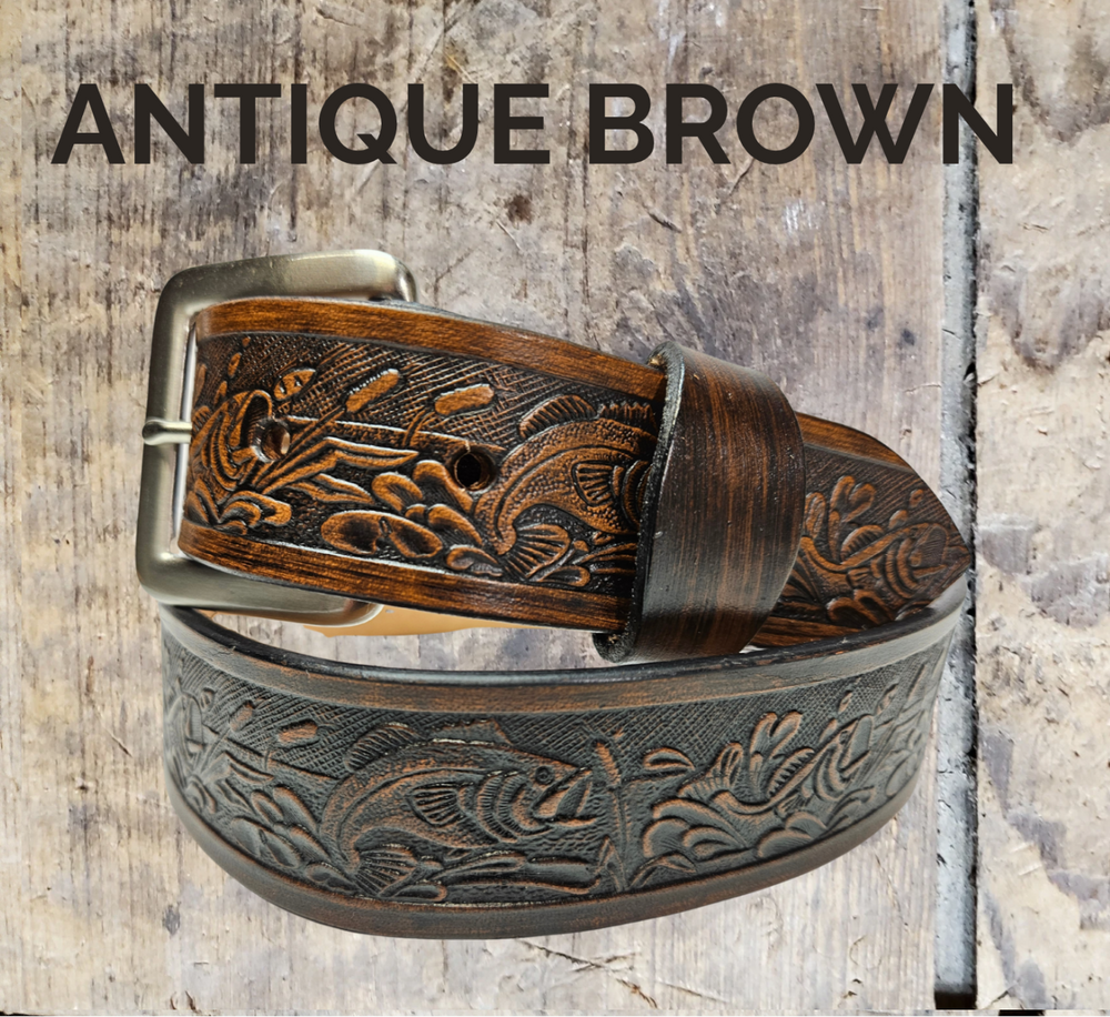 Gone Fishin' fishing leather belt with water splash pattern and custom name and 'ANTIQUE BROWN'.