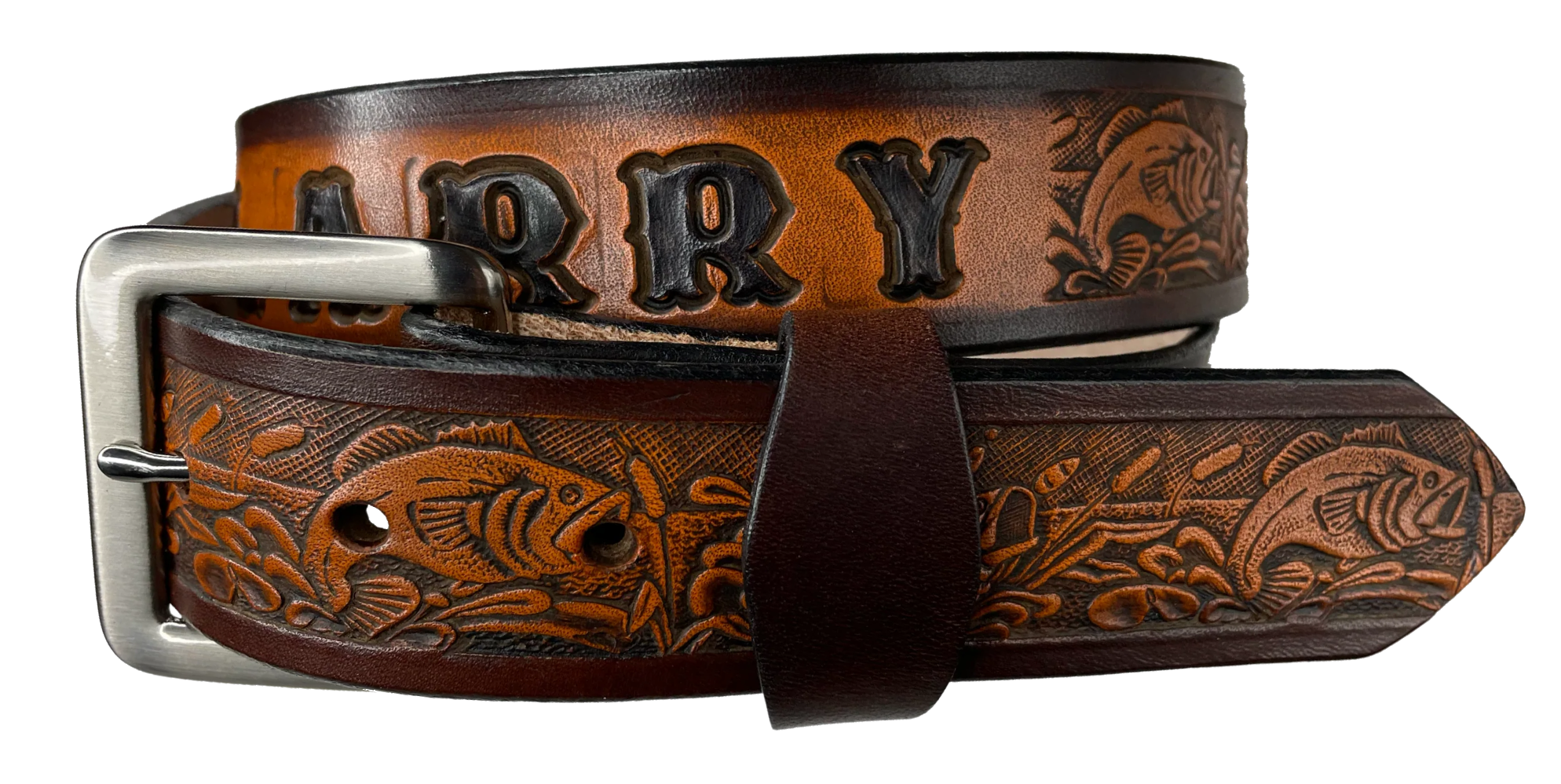 Our Gone Fishin' Leather Belt is for the one who goes Catching not just Fishing. Made from Full grain American vegetable tanned cowhide approx. 1/8"thick. Width 1 1/2" and includes Antique Nickle plated Solid Brass buckle. Hand Finished in 3 color options. Smooth burnished painted edges. Buckle snaps in place for easy changing if desired. Made in our Smyrna, TN, USA shop.