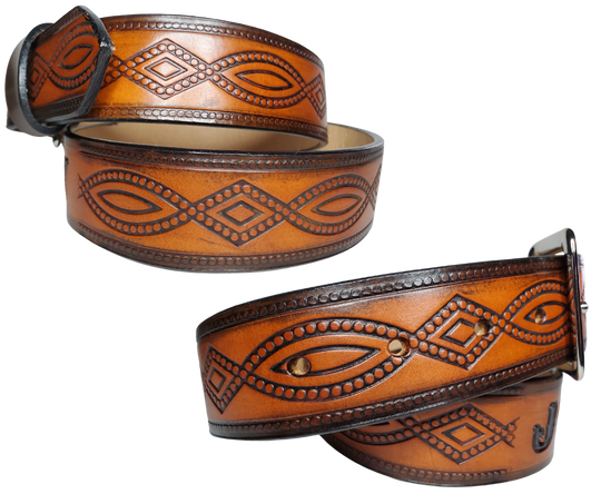 "The Good, Bad, and the Ugly" is a professionally crafted, genuine leather belt made from 8-10 oz cowhide shoulder leather, approximately 1/8" thick. It boasts a hand burnished edge, Diamond center, and rope edge pattern, along with a multi-step dye and finishing technique. The antique nickel plated solid brass buckle is affixed with heavy snaps. This belt is crafted near Nashville, TN in Smyrna.