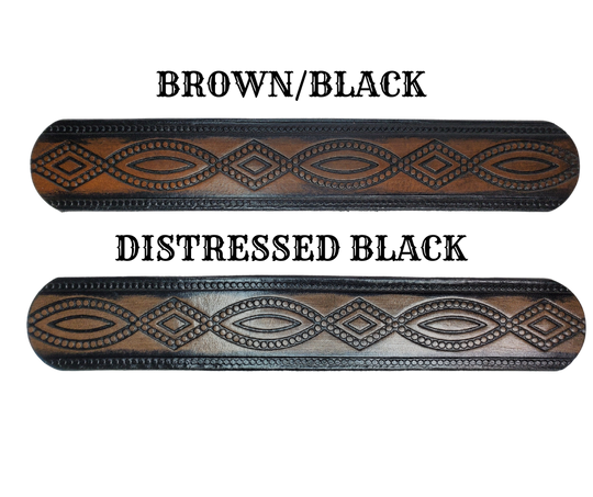 "The Good, Bad, and the Ugly" is a professionally crafted, genuine leather belt made from 8-10 oz cowhide shoulder leather, approximately 1/8" thick. It boasts a hand burnished edge, Diamond center, and rope edge pattern, along with a multi-step dye and finishing technique. The antique nickel plated solid brass buckle is affixed with heavy snaps. This belt is crafted near Nashville, TN in Smyrna.