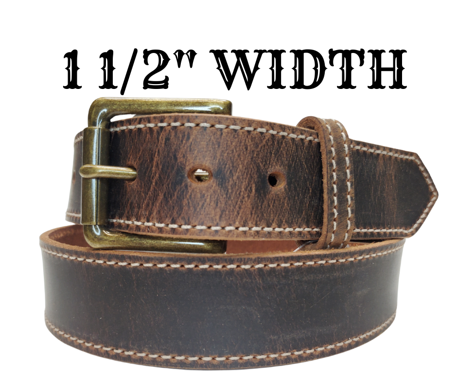 Named after the dusty trail used to herd cattle in the 1880's. This belt has the distressed look that matches so many of todays popular boots. The stitching gives just a hint of a dressed up look, it will become your go to belt for everyday use. The Antique Brass roller buckle and 1 1/2" width will work most every type of pants. Snaps make a easy buckle change for your favorite buckles. Pick yours up at our Smyrna, TN shop open 5 days a week Tue. thru Sat 9-5. Made in USA.