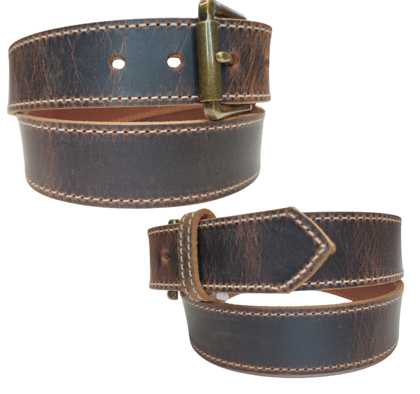 Named after the dusty trail used to herd cattle in the 1880's. This belt has the distressed look that matches so many of todays popular boots. The stitching gives just a hint of a dressed up look, it will become your go to belt for everyday use. The Antique Brass roller buckle and 1 1/2" width will work most every type of pants. Snaps make a easy buckle change for your favorite buckles. Pick yours up at our Smyrna, TN shop open 5 days a week Tue. thru Sat 9-5. Made in USA.