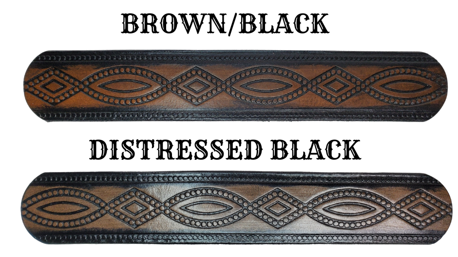 "The Good, Bad, and the Ugly" is a professionally crafted, genuine leather belt made from 8-10 oz cowhide shoulder leather, approximately 1/8" thick. It boasts a hand burnished edge, Diamond center, and rope edge pattern, along with a multi-step dye and finishing technique. The antique nickel plated solid brass buckle is affixed with heavy snaps. This belt is crafted near Nashville, TN in Smyrna.