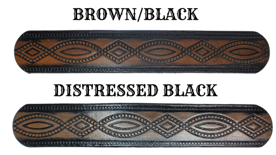 "The Good, Bad, and the Ugly" is a professionally crafted, genuine leather belt made from 8-10 oz cowhide shoulder leather, approximately 1/8" thick. It boasts a hand burnished edge, Diamond center, and rope edge pattern, along with a multi-step dye and finishing technique. The antique nickel plated solid brass buckle is affixed with heavy snaps. This belt is crafted near Nashville, TN in Smyrna.