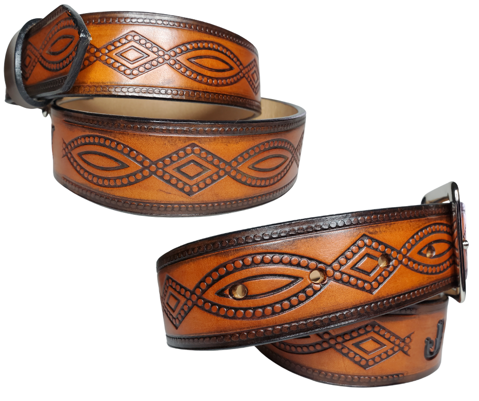 "The Good, Bad, and the Ugly" is a professionally crafted, genuine leather belt made from 8-10 oz cowhide shoulder leather, approximately 1/8" thick. It boasts a hand burnished edge, Diamond center, and rope edge pattern, along with a multi-step dye and finishing technique. The antique nickel plated solid brass buckle is affixed with heavy snaps. This belt is crafted near Nashville, TN in Smyrna.