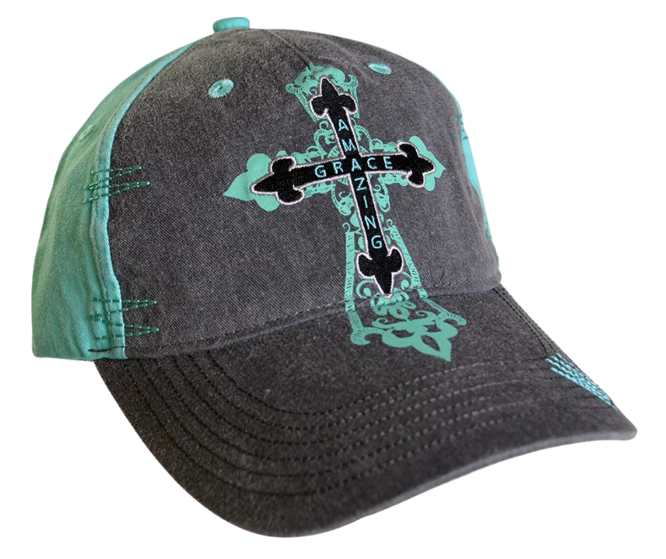 Praise the name of our great God in this “Amazing Grace Cross” Cherished Girl® Cap in Heather Grey + Aqua. Artsy details, including aqua topstitching with a handcrafted feel, and a layered cross with a painterly backdrop, give this cap a uniquely detailed look that stands out from the crowd. Pick yours up at our Smyrna,TN shop just a 20 minute drive outside of downtown Nashville.  Color: Heather Grey/Aqua   Embroidered DesignTopstitching Detail    Adjustable Closure  One Size Fits Most