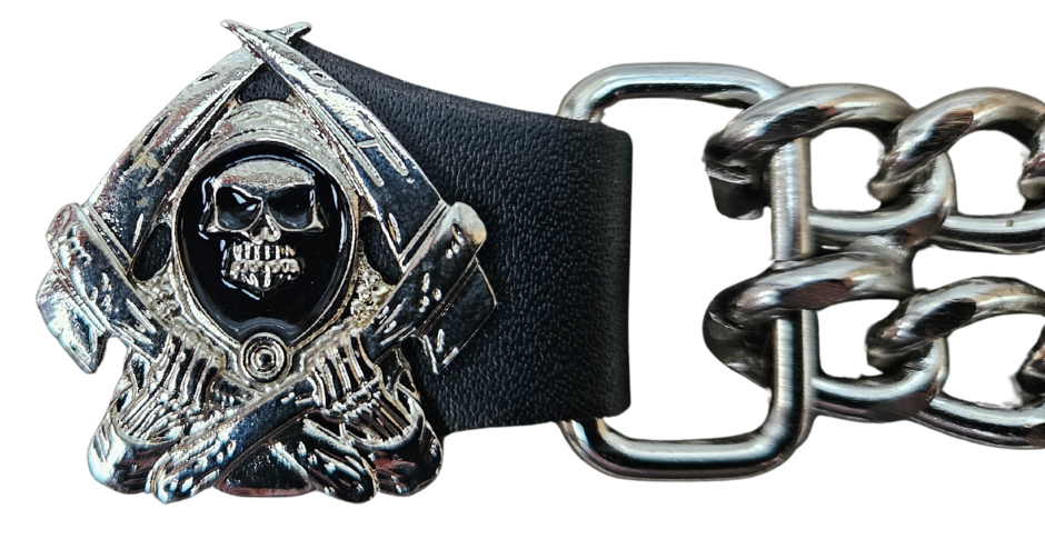 Vest Chains...a great accessory for your vest. Sure they look great but they offer some great options for your riding. In our experience most folks will use at least 2 but some will go with more, it's your choice. These options are the basic chrome plated double chain with leather ends (with exception of Single Chain). The average length is approx. 4"- 4 1/2" long. Snaps are attached with a leather folded part. Please note the ladies vests snap opposite side to the men. Each Sold Individually. 