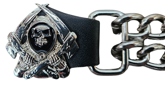 Vest Chains...a great accessory for your vest. Sure they look great but they offer some great options for your riding. In our experience most folks will use at least 2 but some will go with more, it's your choice. These options are the basic chrome plated double chain with leather ends (with exception of Single Chain). The average length is approx. 4"- 4 1/2" long. Snaps are attached with a leather folded part. Please note the ladies vests snap opposite side to the men. Each Sold Individually. 