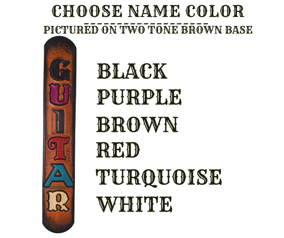 Named after the song "I was raised on Country Sunshine this Guitar Strap has the hint of some flowers and you pick your NAME font and color. It's made from 1/8" thick drum dyed vegetable tanned cow hide and is hand finished.  The main strap is made from a single strip of leather with beveled and painted edges.  Choose a 2" or 2 1/2" wide strap with a classic adjustment style up to approx. 60". Made just outside Nashville in Smyrna, TN.