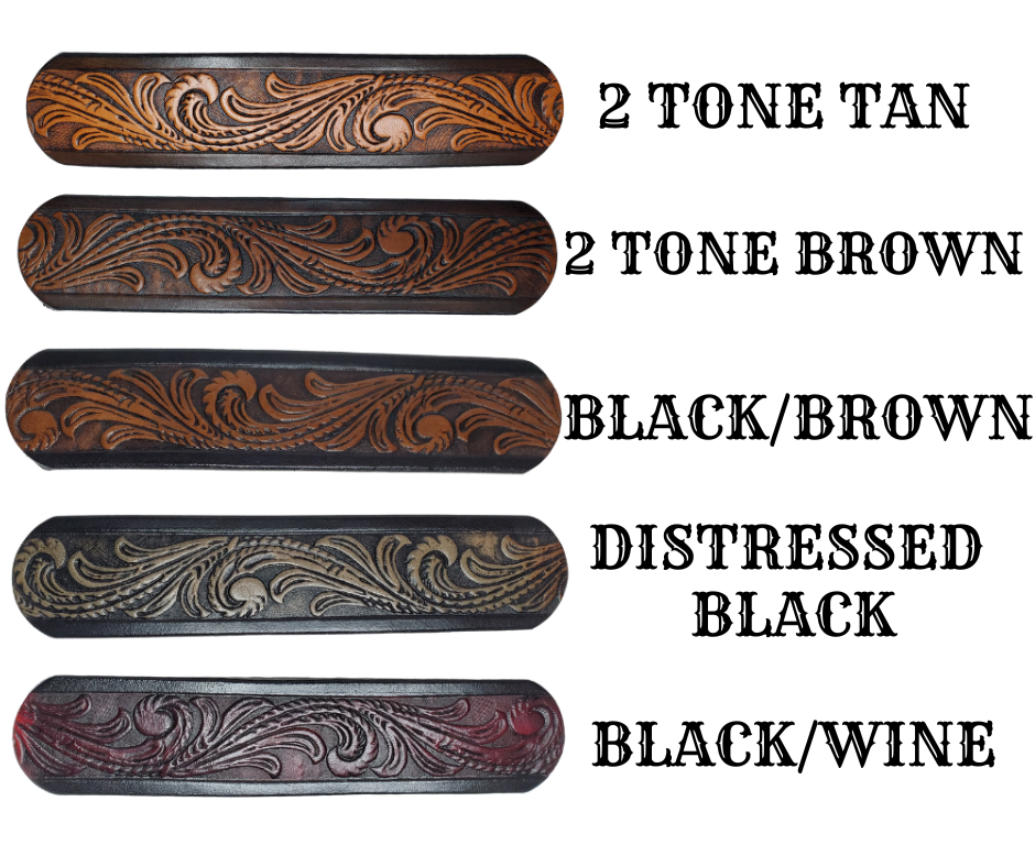 This Guitar Strap is crafted to the same high quality as our Custom belts! It's made of 1/8" thick, vegetable-tanned cowhide, with beveled and black painted edges, and a unique hand stained finish and a Hand Painted Name. The main strap is one 1 1/2" wide, with a single hole in the front and 3-hole adjustment on the back. We proudly manufacture it in Smyrna, TN - just outside Nashville. 