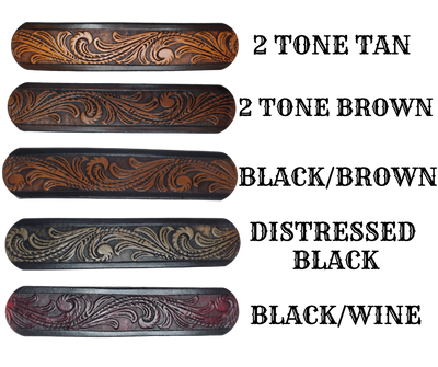 This Guitar Strap is crafted to the same high quality as our Custom belts! It's made of 1/8" thick, vegetable-tanned cowhide, with beveled and black painted edges, and a unique hand stained finish and a Hand Painted Name. The main strap is one 1 1/2" wide, with a single hole in the front and 3-hole adjustment on the back. We proudly manufacture it in Smyrna, TN - just outside Nashville. 