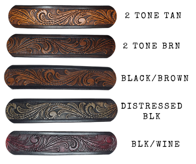 This Guitar Strap is crafted to the same high quality as our Custom belts! It's made of 1/8" thick, vegetable-tanned, drum-dyed cowhide, with beveled and black painted edges, and a unique hand stained finish and a Hand Painted Name. The main strap is one 1 1/2" wide, with a single hole in the front and 3-hole adjustment on the back. We proudly manufacture it in Smyrna, TN - just outside Nashville. 