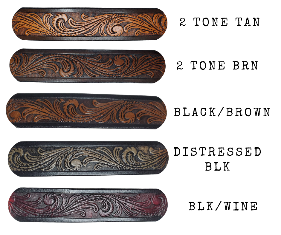 This Guitar Strap is crafted to the same high quality as our Custom belts! It's made of 1/8" thick, vegetable-tanned cowhide, with beveled and black painted edges, and a unique hand stained finish and a Hand Painted Name. The main strap is one 1 1/2" wide, with a single hole in the front and 3-hole adjustment on the back. We proudly manufacture it in Smyrna, TN - just outside Nashville. 