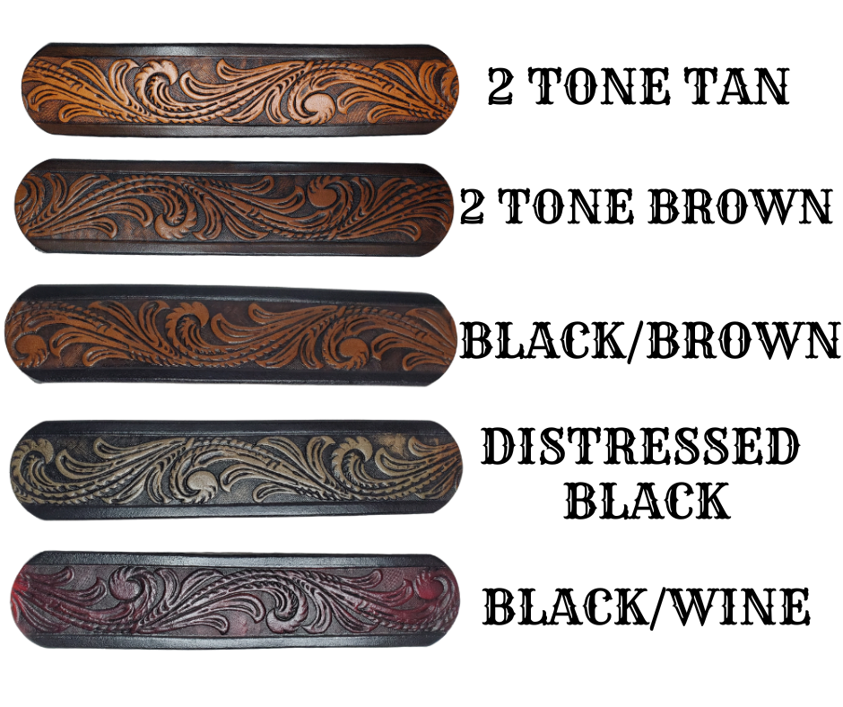 Acoustic Guitars, Great Songs and Lyrics have been staple for years in Country music!  "This 2" or 2 1/2" wide Guitar Strap is a nod to that classic influence. The main Body of the strap is approx. 1/8" thick Black Leather Strap.  CUSTOMIZE your Color options on a Floral Pattern LEATHER PATCH. The classic adjustment style goes from approx. 42" to 56" at it's longest . Made just outside Nashville in our Smyrna, TN. shop. It will need a bit of time to "break in" but will get a great patina over time. 