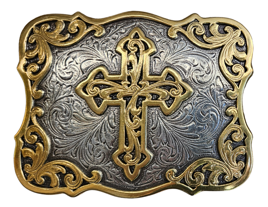 Adorn your wardrobe with the Gilded Santa Fe Cross buckle. An ornate, Southwest influenced, western-style scroll and Cross gilded with antique brass color accents on an antique silver color engraved background. It measures approx. 3" X 4" and will fit up to a 1 1/2" belt. It can be found both online and in our shop in Smyrna, TN, near Nashville.