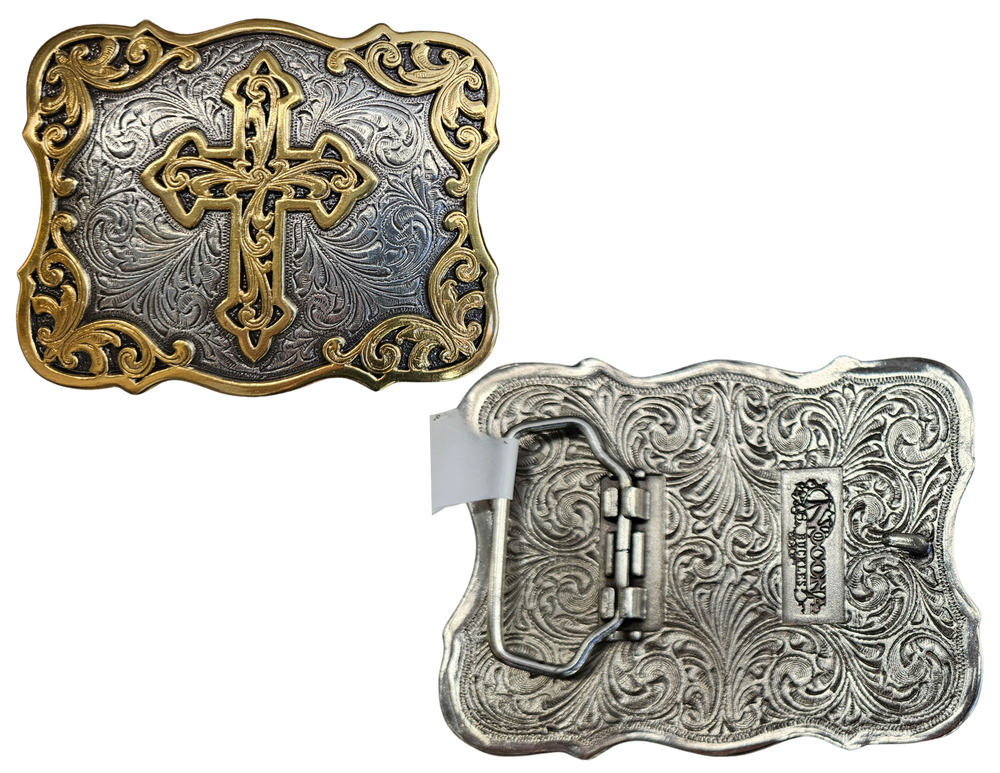 Adorn your wardrobe with the Gilded Santa Fe Cross buckle. An ornate, Southwest influenced, western-style scroll and Cross gilded with antique brass color accents on an antique silver color engraved background. It measures approx. 3" X 4" and will fit up to a 1 1/2" belt. It can be found both online and in our shop in Smyrna, TN, near Nashville.