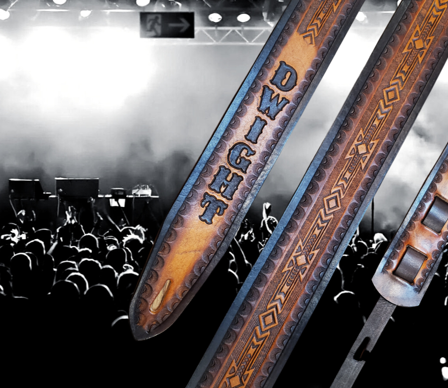 Great songs are the real Stars in Nashville. This Guitar Strap is a nod to those great Writers influence! The 2" or 2 1/2" main Body of the strap is approx. 1/8" thick with a Southwest pattern down the center. Made from Veg-Tan Leather Strap with a CUSTOMIZABLE NAME FONT and Strap color. The classic adjustment style goes from approx. 42" to 56" at it's longest . Made just outside Nashville in our Smyrna, TN. shop. 