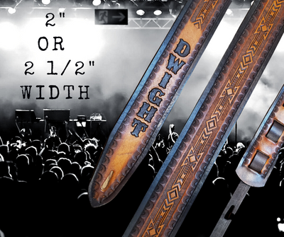 Great songs are the real Stars in Nashville. This Guitar Strap is a nod to those great Writers influence! The 2" or 2 1/2" main Body of the strap is approx. 1/8" thick with a Southwest pattern down the center. Made from Veg-Tan Leather Strap with a CUSTOMIZABLE NAME FONT and Strap color. The classic adjustment style goes from approx. 42" to 56" at it's longest . Made just outside Nashville in our Smyrna, TN. shop. 
