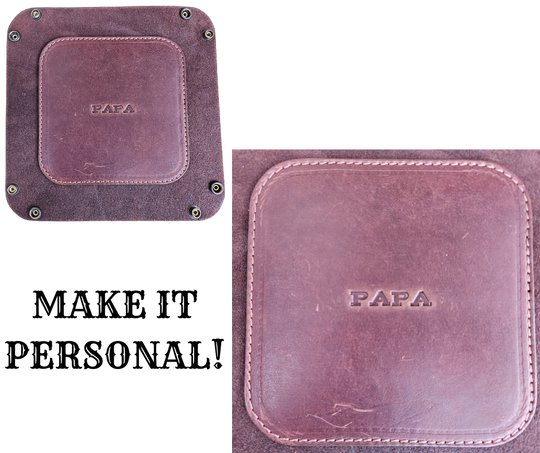 Make it PERSONAL! This handmade real leather valet tray can be personalized with up to 8-10 letters. It has Antique Brass SNAPPED corners to FLATTEN out for easy packing for travel. It is made in our Smyrna, TN shop just outside Nashville. It is a perfect catch-all for keeping keys and other small items in one place at the end of a long day. Makes a great gift for groomsmen, or that special someone.

Med. Approx. 7"x 7" (snapped)
Small Approx. 4.5"x 4.5" (snapped)