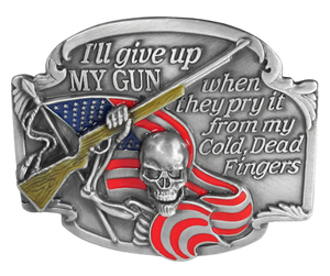 Display your 2A pride with this patriotic American flag belt buckle featuring the iconic saying "pry it from my dead fingers". Show your commitment to protecting your liberty with this pewter belt buckle, perfect for 1 1/2" belts. Measuring 3-1/4" wide and 2-3/4" tall, it's available in our shop located just outside of Nashville in Smyrna, TN.