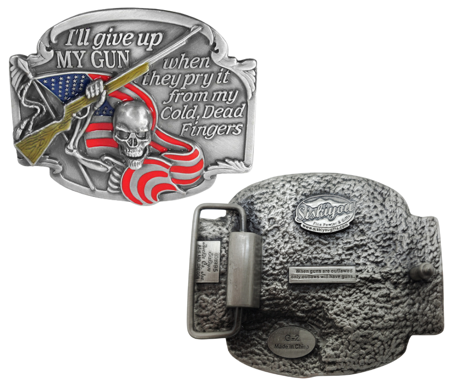 Display your 2A pride with this patriotic American flag belt buckle featuring the iconic saying "pry it from my dead fingers". Show your commitment to protecting your liberty with this pewter belt buckle, perfect for 1 1/2" belts. Measuring 3-1/4" wide and 2-3/4" tall, it's available in our shop located just outside of Nashville in Smyrna, TN.