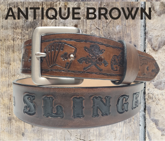 Gambler handmade Western leather belt with playing card and dice pattern
