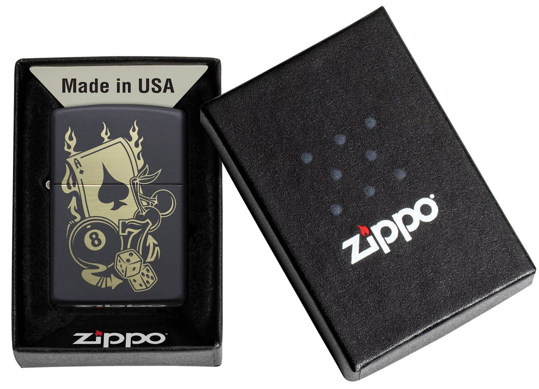 This Gambling Design is laser engraved on a Black Matte lighter displaying casino inspired elements. All metal construction; windproof design works virtually anywhere. Refillable for a lifetime of use. Comes packaged in a gift box. Available in our Smyrna, TN shop.

Made in USA
Fuel: Zippo lighter fuel (sold separately)
Lighter Specs: Height: 2.25" Width: 0.5" Depth: 1.5" Weight: 2.0 oz
Lifetime guarantee that "it works or we fix it free™" Zippo contact info on gift box.