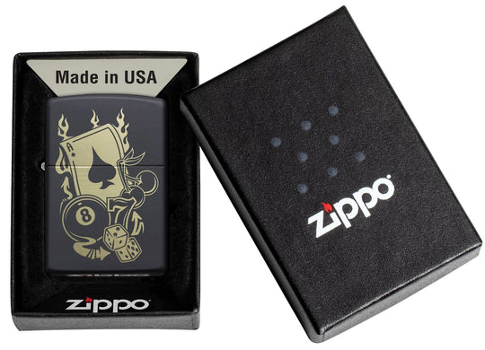 This Gambling Design is laser engraved on a Black Matte lighter displaying casino inspired elements. All metal construction; windproof design works virtually anywhere. Refillable for a lifetime of use. Comes packaged in a gift box. Available in our Smyrna, TN shop.

Made in USA
Fuel: Zippo lighter fuel (sold separately)
Lighter Specs: Height: 2.25" Width: 0.5" Depth: 1.5" Weight: 2.0 oz
Lifetime guarantee that "it works or we fix it free™" Zippo contact info on gift box.