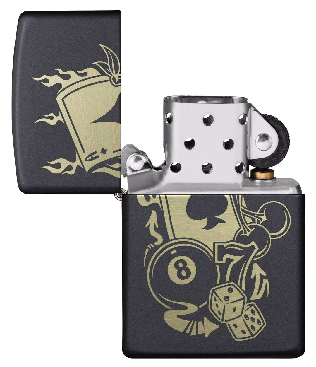 This Gambling Design is laser engraved on a Black Matte lighter displaying casino inspired elements. All metal construction; windproof design works virtually anywhere. Refillable for a lifetime of use. Comes packaged in a gift box. Available in our Smyrna, TN shop.

Made in USA
Fuel: Zippo lighter fuel (sold separately)
Lighter Specs: Height: 2.25" Width: 0.5" Depth: 1.5" Weight: 2.0 oz
Lifetime guarantee that "it works or we fix it free™" Zippo contact info on gift box.