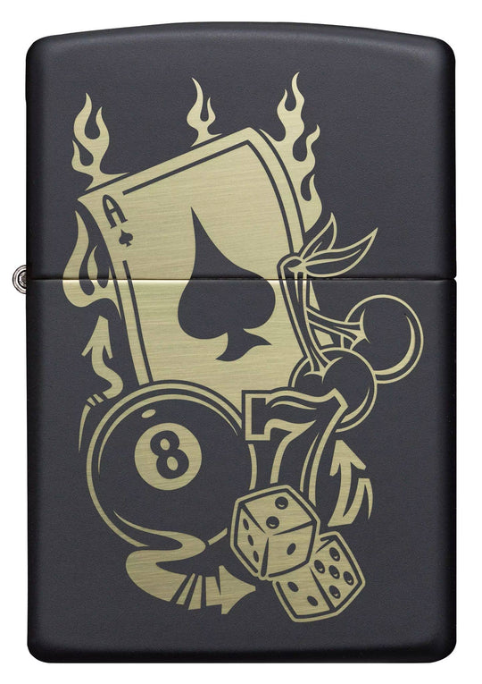 This Gambling Design is laser engraved on a Black Matte lighter displaying casino inspired elements. All metal construction; windproof design works virtually anywhere. Refillable for a lifetime of use. Comes packaged in a gift box. Available in our Smyrna, TN shop.

Made in USA
Fuel: Zippo lighter fuel (sold separately)
Lighter Specs: Height: 2.25" Width: 0.5" Depth: 1.5" Weight: 2.0 oz
Lifetime guarantee that "it works or we fix it free™" Zippo contact info on gift box.