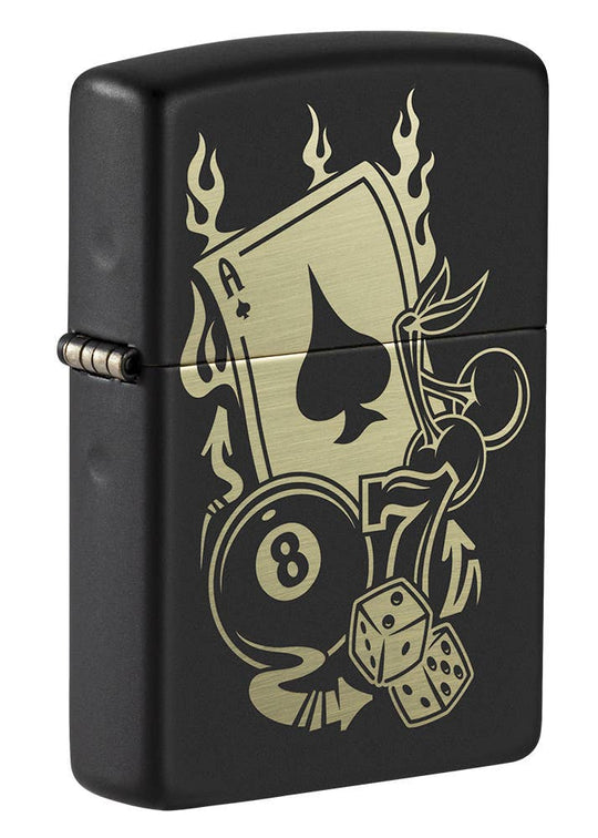 This Gambling Design is laser engraved on a Black Matte lighter displaying casino inspired elements. All metal construction; windproof design works virtually anywhere. Refillable for a lifetime of use. Comes packaged in a gift box. Available in our Smyrna, TN shop.

Made in USA
Fuel: Zippo lighter fuel (sold separately)
Lighter Specs: Height: 2.25" Width: 0.5" Depth: 1.5" Weight: 2.0 oz
Lifetime guarantee that "it works or we fix it free™" Zippo contact info on gift box.