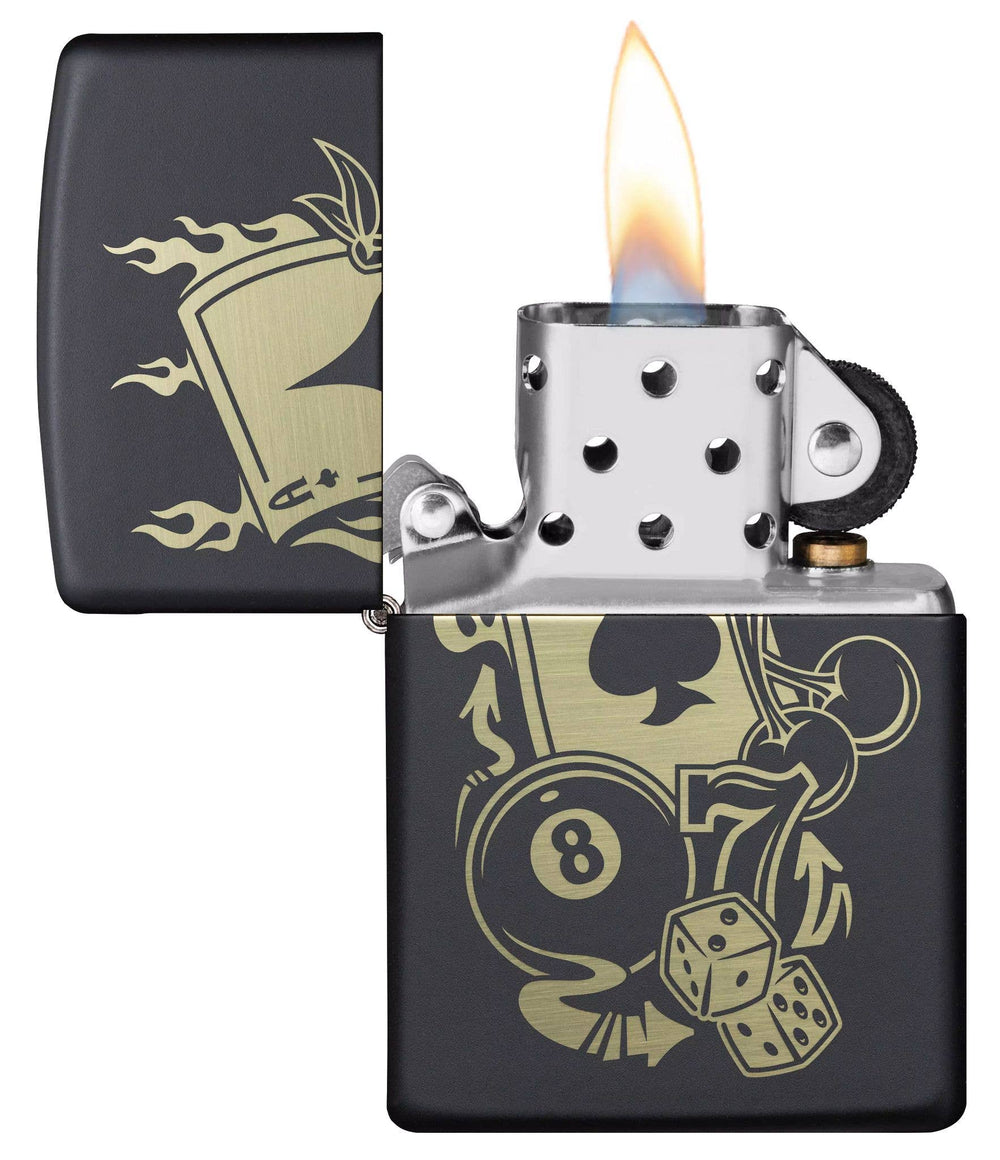 This Gambling Design is laser engraved on a Black Matte lighter displaying casino inspired elements. All metal construction; windproof design works virtually anywhere. Refillable for a lifetime of use. Comes packaged in a gift box. Available in our Smyrna, TN shop.

Made in USA
Fuel: Zippo lighter fuel (sold separately)
Lighter Specs: Height: 2.25" Width: 0.5" Depth: 1.5" Weight: 2.0 oz
Lifetime guarantee that "it works or we fix it free™" Zippo contact info on gift box.
