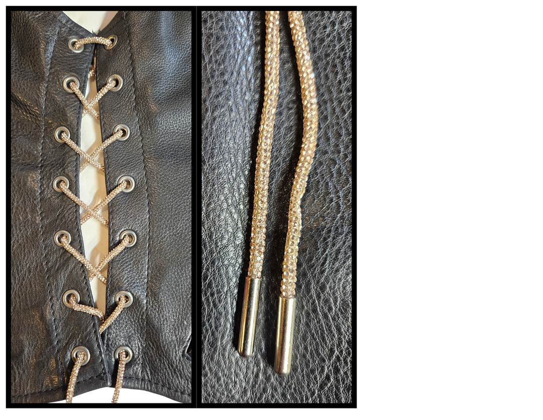 Bling Lace Pair is a new version of the standard leather lace, BUT with micro Bling attached. The crystal coating runs dense and even across the full 6-foot cord. A fun and shiny alternative to personalizing your vest. Available in our Smyrna, TN shop.

Orange is bright and bold. Blue is soft and ice cold. Red is bold and rich. Gold is a champagne shine. Silver is shimmering light. Pink has a blush-full depth. Purple is lavender. Black is dazzling.