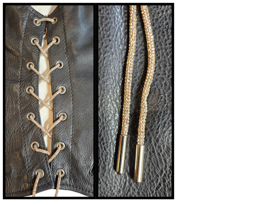 Bling Lace Pair is a new version of the standard leather lace, BUT with micro Bling attached. The crystal coating runs dense and even across the full 6-foot cord. A fun and shiny alternative to personalizing your vest. Available in our Smyrna, TN shop.

Orange is bright and bold. Blue is soft and ice cold. Red is bold and rich. Gold is a champagne shine. Silver is shimmering light. Pink has a blush-full depth. Purple is lavender. Black is dazzling.