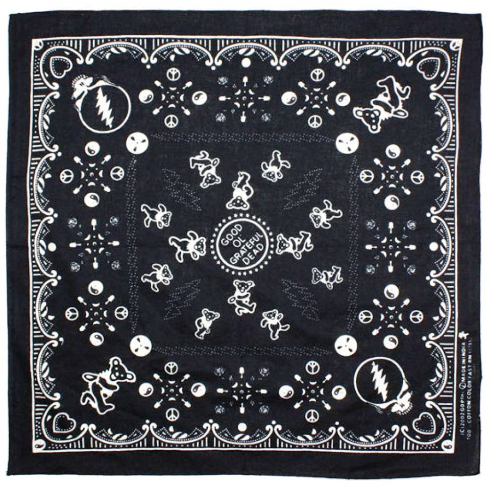 Good ol' grateful dead bandana. Fully licensed by grateful dead productions. The grateful dead are the psychedelic era's most beloved musical ambassadors and one of the most powerful bands of all time. Get yours at our Smyrna, TN shop not far from Murfreesboro.

Made with colorfast dyes on super soft, 100% cotton.
Measures 22 inches x 22 inches.
Handcrafted in India using traditional techniques