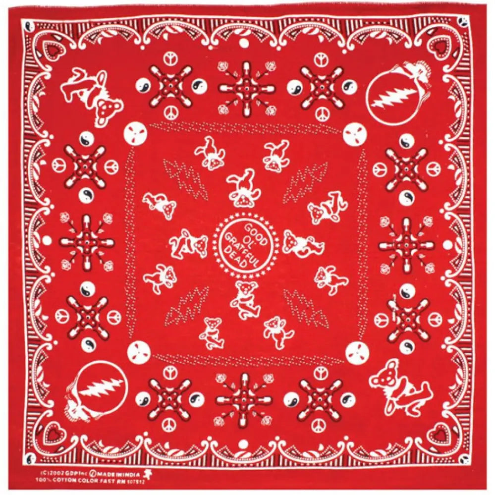 Good ol' grateful dead bandana. Fully licensed by grateful dead productions. The grateful dead are the psychedelic era's most beloved musical ambassadors and one of the most powerful bands of all time. Get yours at our Smyrna, TN shop not far from Murfreesboro.

Made with colorfast dyes on super soft, 100% cotton.
Measures 22 inches x 22 inches.
Handcrafted in India using traditional techniques