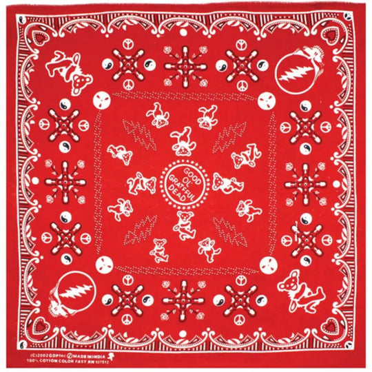 Good ol' grateful dead bandana. Fully licensed by grateful dead productions. The grateful dead are the psychedelic era's most beloved musical ambassadors and one of the most powerful bands of all time. Get yours at our Smyrna, TN shop not far from Murfreesboro.

Made with colorfast dyes on super soft, 100% cotton.
Measures 22 inches x 22 inches.
Handcrafted in India using traditional techniques
