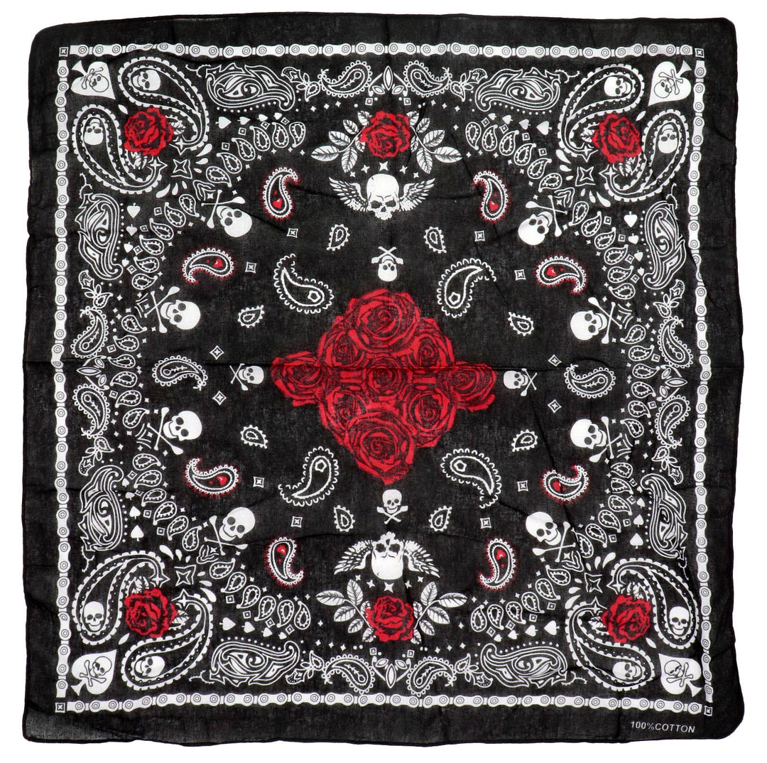 Gothic Skull Paisley Rose Floral Print Cotton Square Bandana - -Our bandanas are fashion chameleon that can be worn as a stylish and versatile head wrap, a protective face mask, or a classic hanky scarf. In Stock at our Smyrna, TN shop not far from Murfreesboro.

Dimensions: 21.5" * 21.5" (55 cm * 55 cm)
100% Cotton