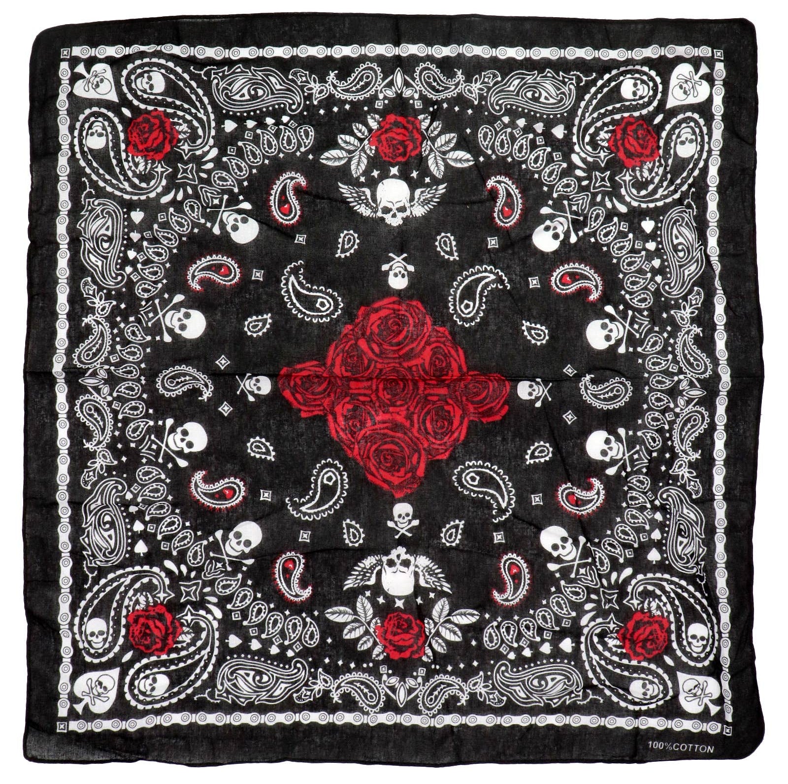 Gothic Skull Paisley Rose Floral Print Cotton Square Bandana - -Our bandanas are fashion chameleon that can be worn as a stylish and versatile head wrap, a protective face mask, or a classic hanky scarf. In Stock at our Smyrna, TN shop not far from Murfreesboro.

Dimensions: 21.5" * 21.5" (55 cm * 55 cm)
100% Cotton