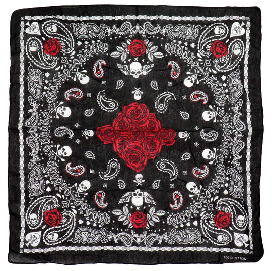 Gothic Skull Paisley Rose Floral Print Cotton Square Bandana - -Our bandanas are fashion chameleon that can be worn as a stylish and versatile head wrap, a protective face mask, or a classic hanky scarf. In Stock at our Smyrna, TN shop not far from Murfreesboro.

Dimensions: 21.5" * 21.5" (55 cm * 55 cm)
100% Cotton