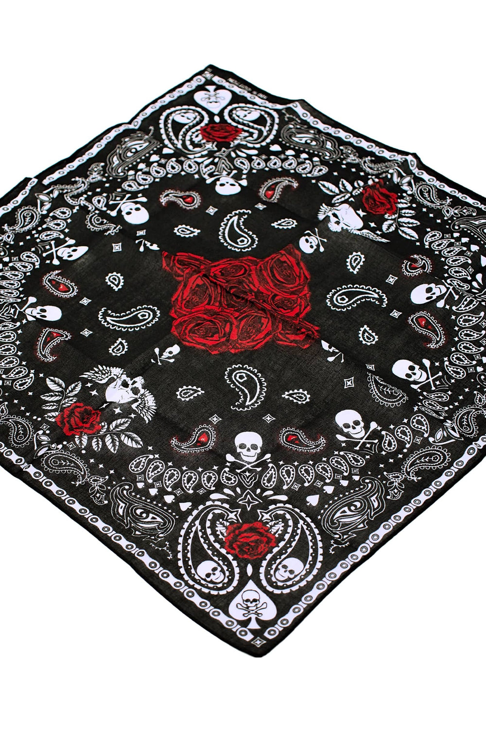 Gothic Skull Paisley Rose Floral Print Cotton Square Bandana - -Our bandanas are fashion chameleon that can be worn as a stylish and versatile head wrap, a protective face mask, or a classic hanky scarf. In Stock at our Smyrna, TN shop not far from Murfreesboro.

Dimensions: 21.5" * 21.5" (55 cm * 55 cm)
100% Cotton
