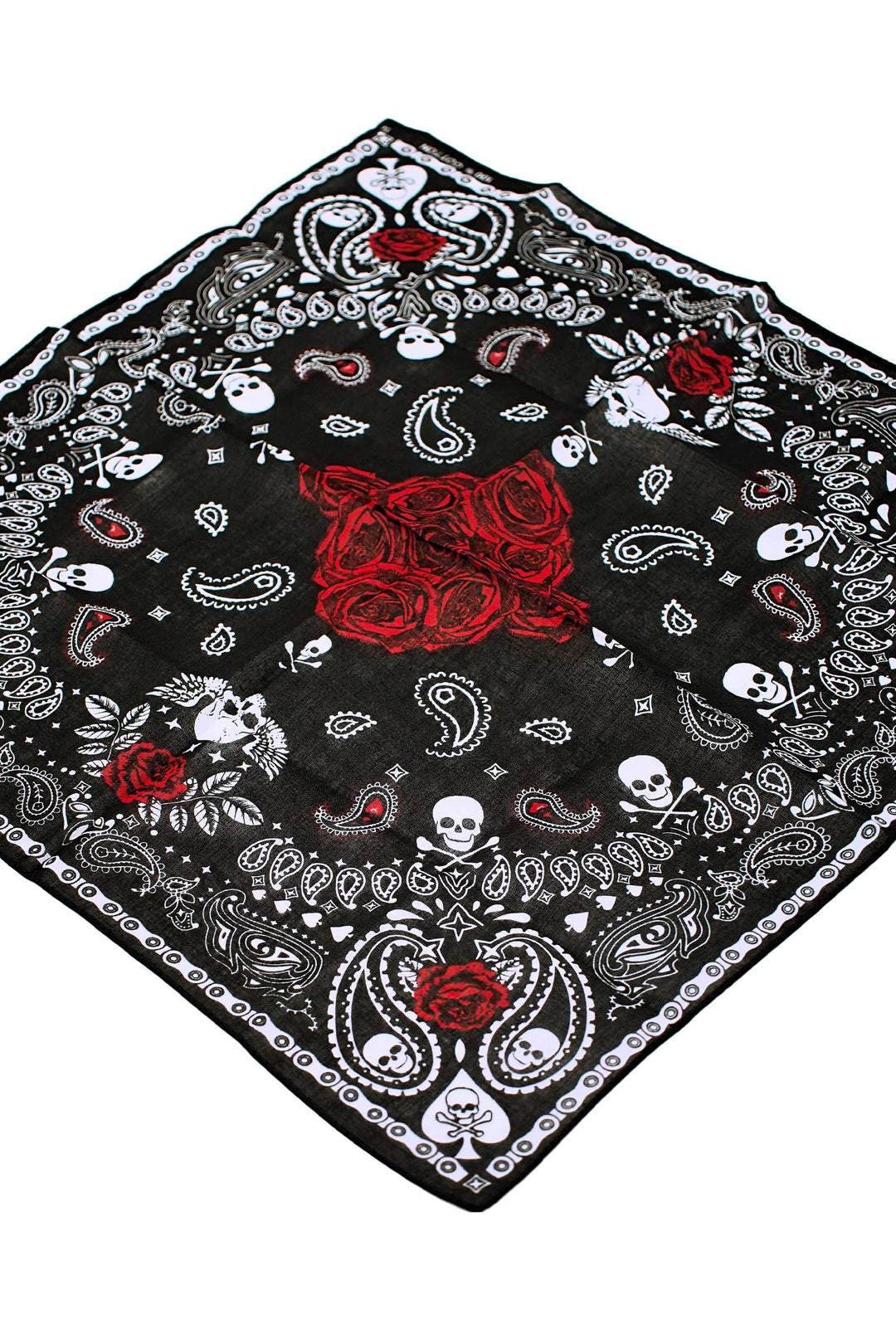 Gothic Skull Paisley Rose Floral Print Cotton Square Bandana - -Our bandanas are fashion chameleon that can be worn as a stylish and versatile head wrap, a protective face mask, or a classic hanky scarf. In Stock at our Smyrna, TN shop not far from Murfreesboro.

Dimensions: 21.5" * 21.5" (55 cm * 55 cm)
100% Cotton